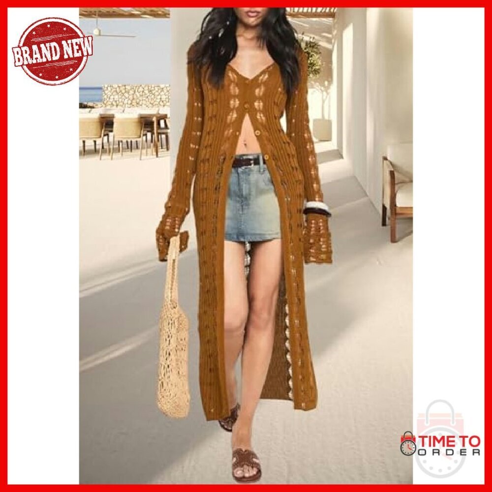 Long Crochet Cardigan Maxi Dress Button Down Boho Cover Up Sweater - Picture 3 of 8